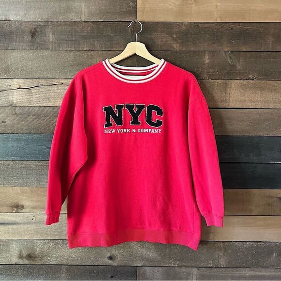 New York & Company Sweaters - Y2K New York & Company Red Embroidered Varsity Style Crewneck Sweater